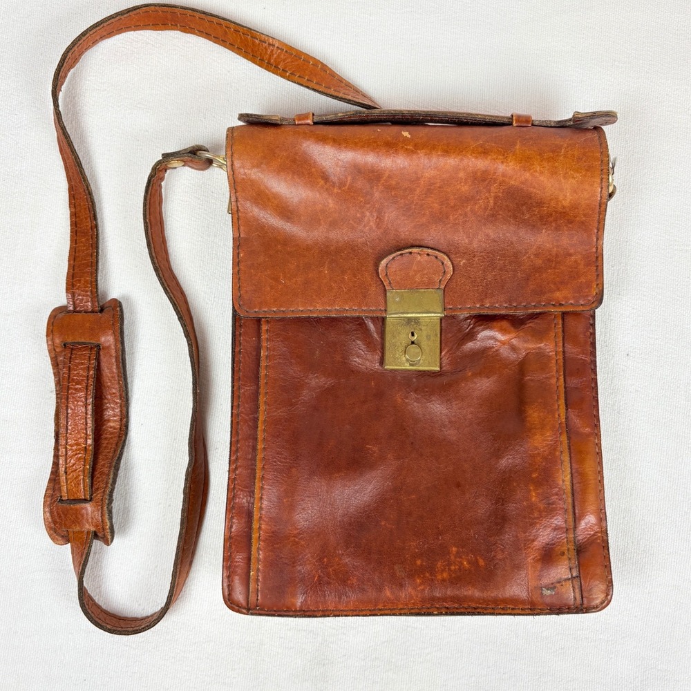 Vtg 70s? Brown Leather Brass Messenger Bag Crossbody Accordion Satchel Boho